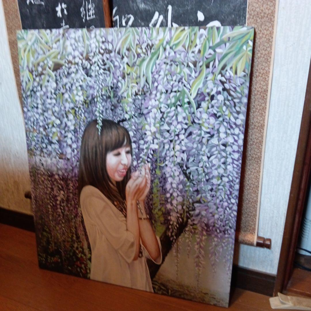 水彩画手描【藤の木の下で戯れる女性】縦７２X横幅６０センチみずみずしい木製パネル