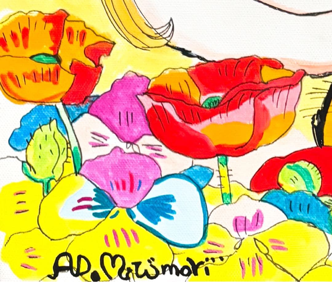 【F4号】手描き油彩　水森亜土　額縁　未使用額　サイン　人気作品　絵画　人気作家