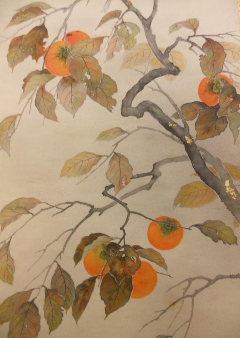 掛け軸 上村朝山 作 『 柿 』 絹本 希少 軸装 茶道具 掛軸 美品 です。