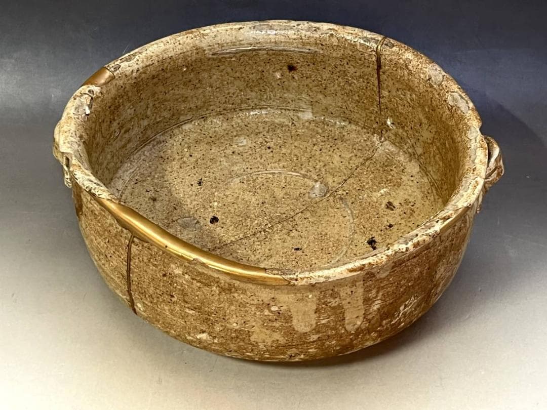 鉢■古黄瀬戸 時代物菓子鉢 金継ぎ直し有り 平鉢 耳付き(江戸期)骨董品 上物■