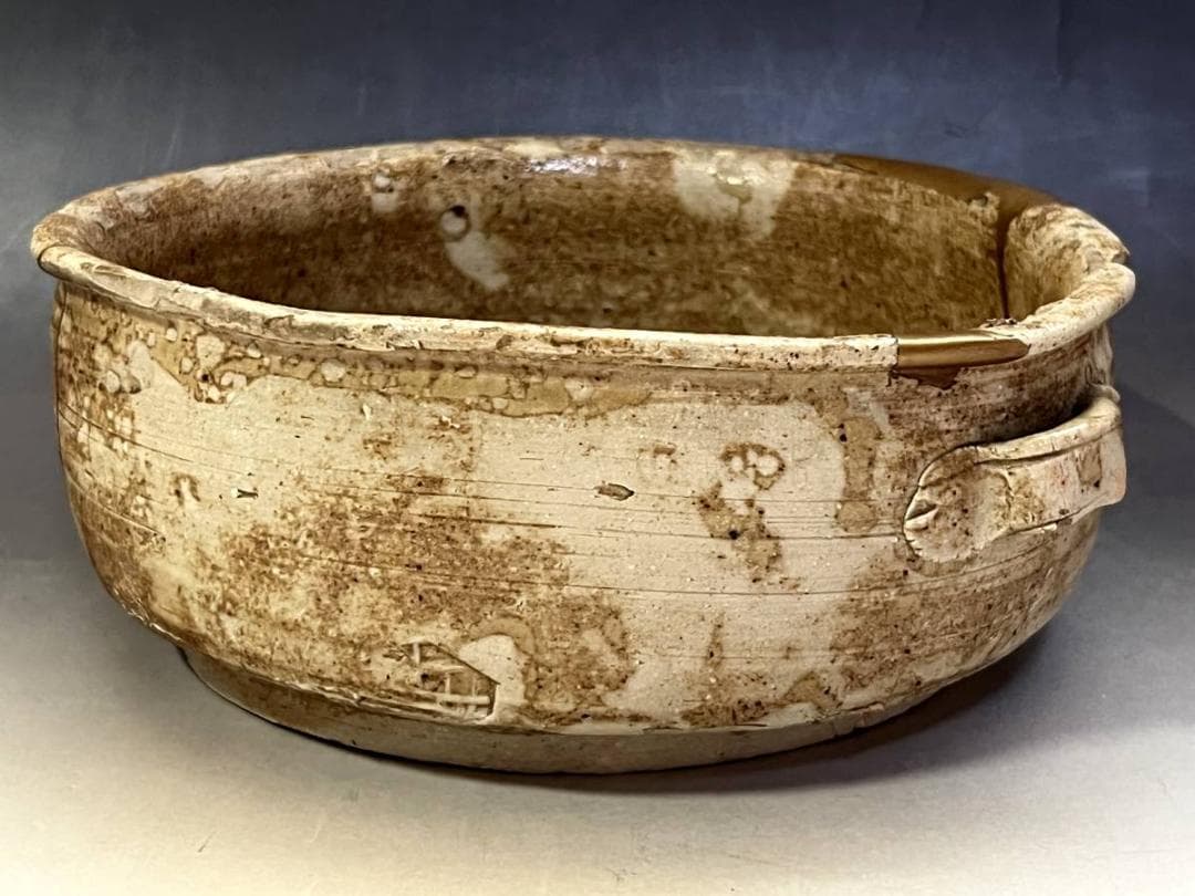 鉢■古黄瀬戸 時代物菓子鉢 金継ぎ直し有り 平鉢 耳付き(江戸期)骨董品 上物■