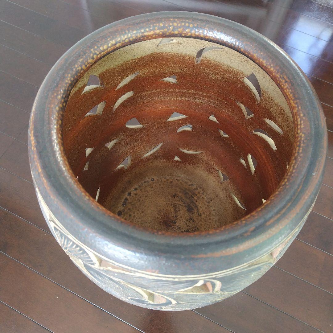 アンティーク 信楽焼傘立て 透かし彫刻 北欧インテリア 高さ42.5cm