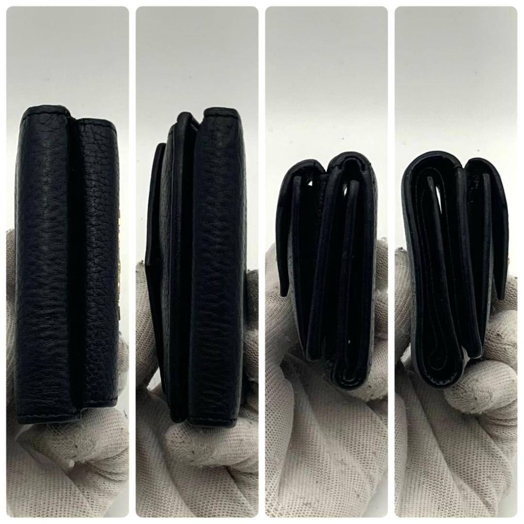 鑑定済み プラダ 三つ折り 財布 Wホック レザー シボ革 コンパクト 黒