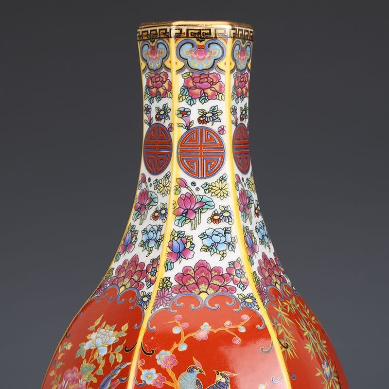 エナメル色磁器花鳥瓶  景徳鎮 陶磁器 装飾品 現代工芸品 美術品 置物