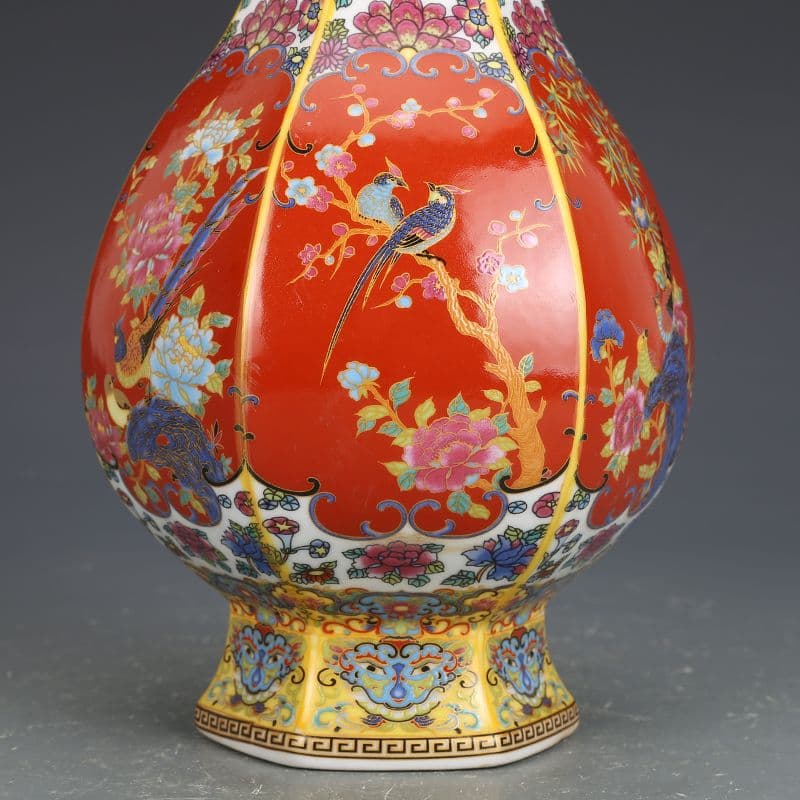 エナメル色磁器花鳥瓶  景徳鎮 陶磁器 装飾品 現代工芸品 美術品 置物