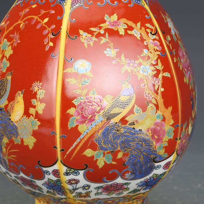 エナメル色磁器花鳥瓶  景徳鎮 陶磁器 装飾品 現代工芸品 美術品 置物