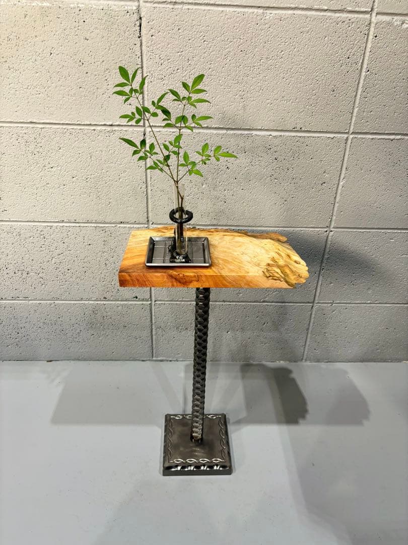 欅サイドテーブル、コーヒーテーブル、観葉植物スタンド一枚板銘木　鉄家具