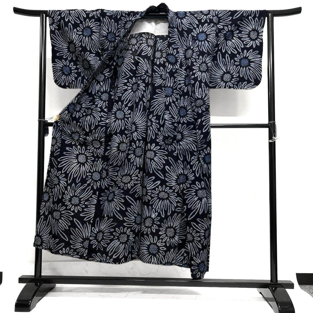 向日葵　花模様　藍染　浴衣　有松鳴海絞り　着物　035a p