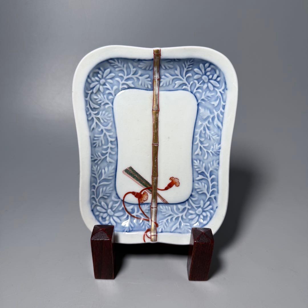 明治時代　有田焼　岩松平吾　色絵軍配形皿　五枚　角岩印　陽刻　珍品　器を楽しむ