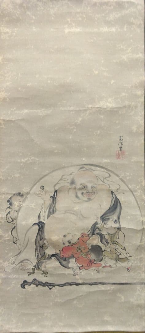 狩野融川【寛信】紙本　三幅 掛軸（江戸　鶴　布袋　唐子　古画）