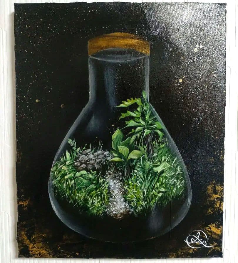 テラリウムの油絵【導き】1点物の原画アート/作者サイン入り/F3号キャンバス