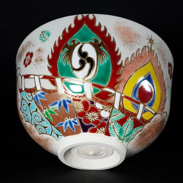 小峠丹山(葛芳)　 火焔太鼓之絵茶碗　共箱　茶道具　京焼　雅楽 平安時代