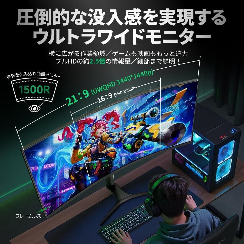cocopar モニター 34インチ UWQHD曲面PCモニター HG-4K34