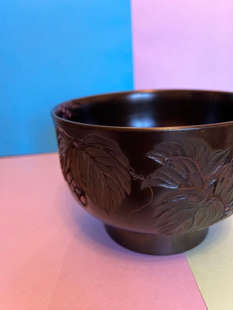 川添日記おおぶり椀　 草木彫漆器