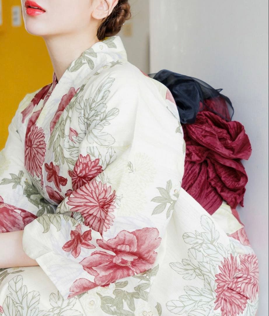 美品！Dita 浴衣セット 夏の牡丹重ね 花柄 しわ兵児帯 2025年