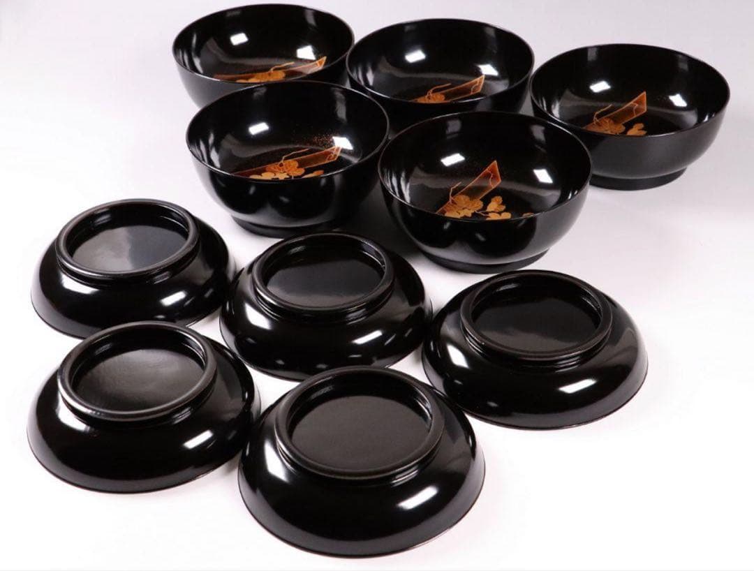 輪島塗 蔦金蒔絵 梨地 黒塗椀 五客 木製漆器 / 伝統工芸品 漆芸