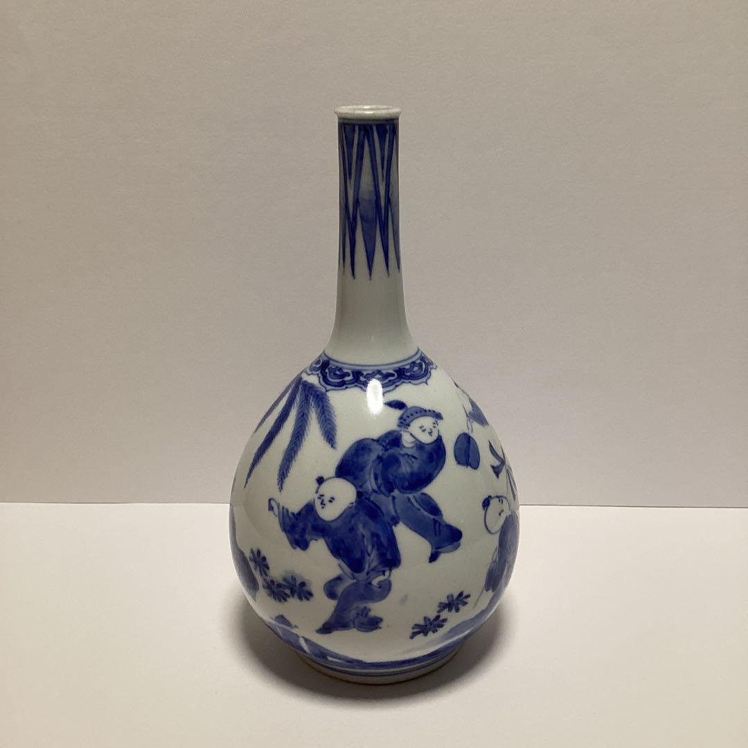 古平戸　五人唐子遊戯の図　染め付け細首徳利　鶴首徳利