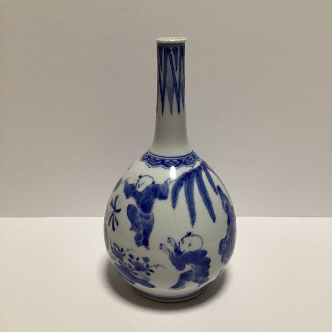 古平戸　五人唐子遊戯の図　染め付け細首徳利　鶴首徳利