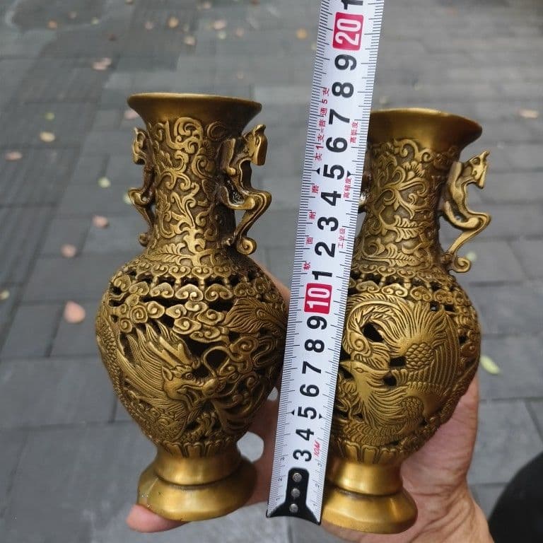 銅器 彫刻 重工 美品 龍鳳花瓶 装飾品 工芸品 美術品 置物