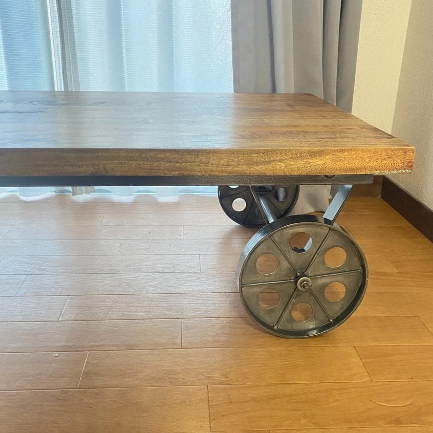 トロリーテーブル センターテーブル ローテーブル レトロ系 木製 鉄車輪付き
