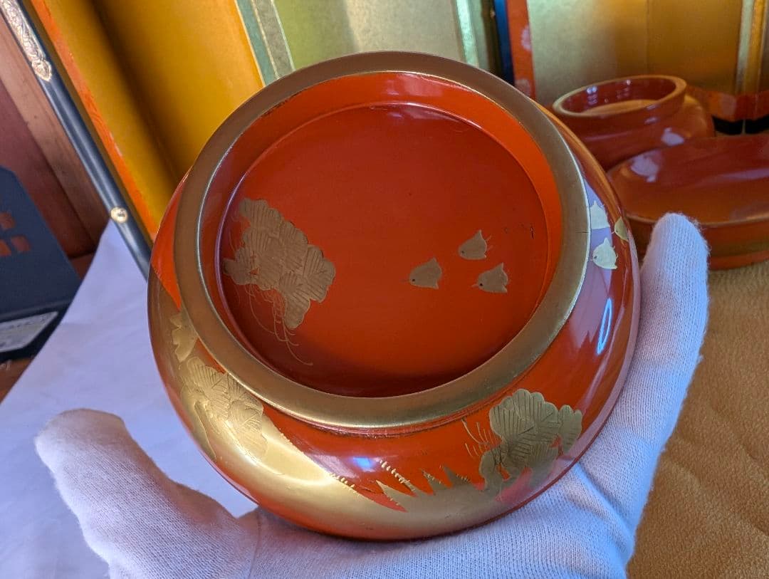 明治時代 輪島塗 金蒔絵 蓋付椀 波千鳥 3客 木製 汁椀 雑煮椀