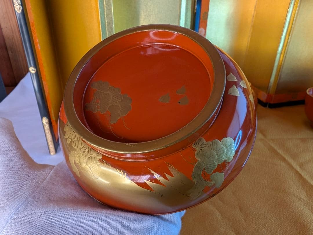 明治時代 輪島塗 金蒔絵 蓋付椀 波千鳥 3客 木製 汁椀 雑煮椀