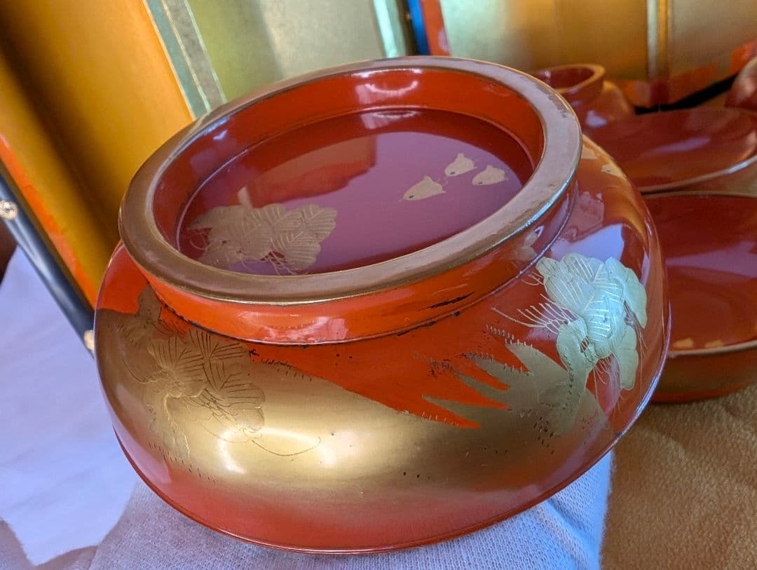 明治時代 輪島塗 金蒔絵 蓋付椀 波千鳥 3客 木製 汁椀 雑煮椀