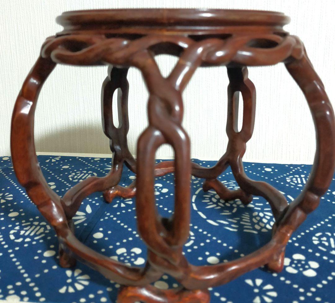 特価セール✨中国伝統工芸美術　唐木　透彫捻リ図　五足丸卓　丸中卓花台