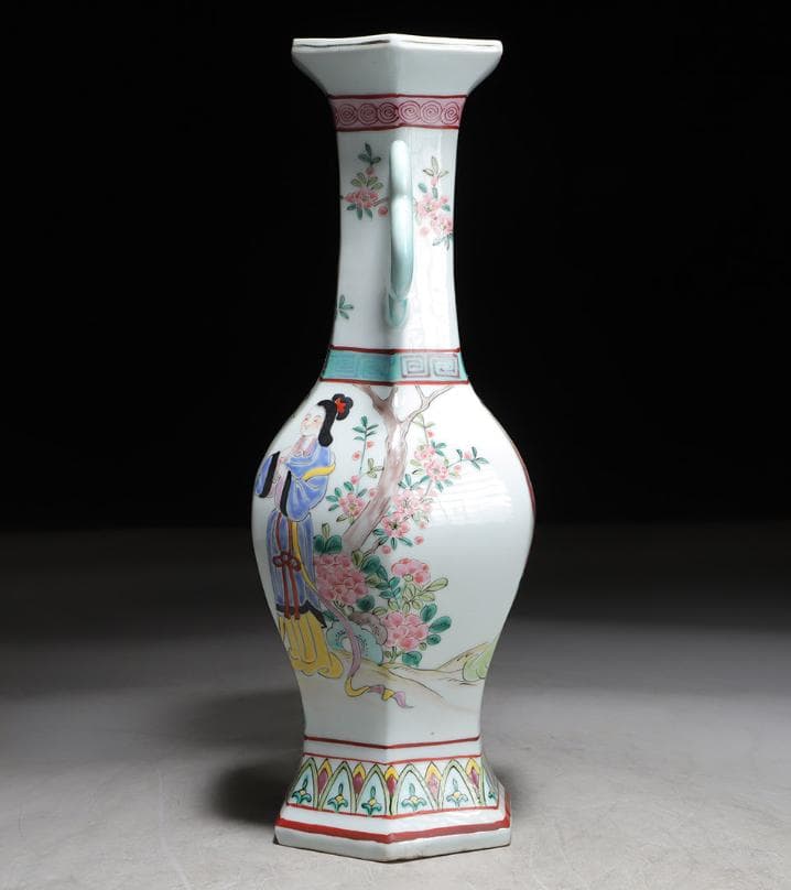 中国美術 景德鎮 花瓶 花器 花入 大清乾隆年製 六角 双耳 合箱 骨董品