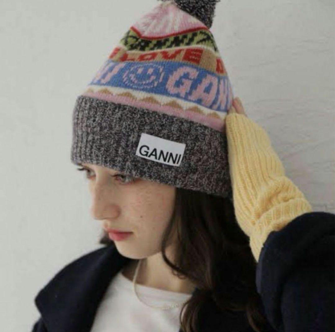 GANNIガニーポンポンニット帽　グレーピンクホワイトビーニー帽子ハットキャップ