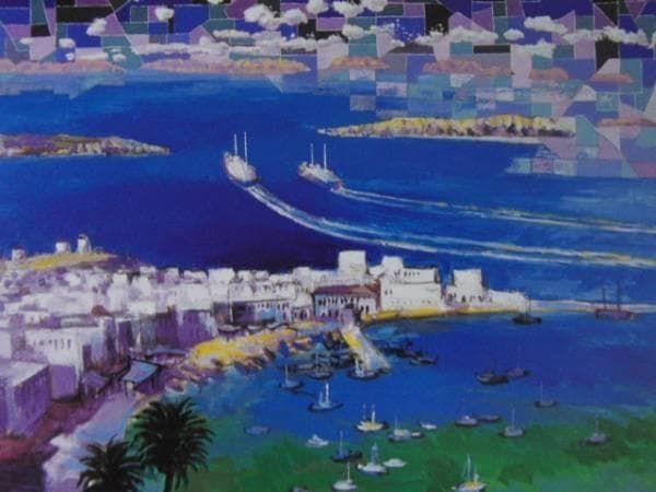 宮崎万平、朝のエーゲ海、希少画集画、新品高級額、額装付、状態良好