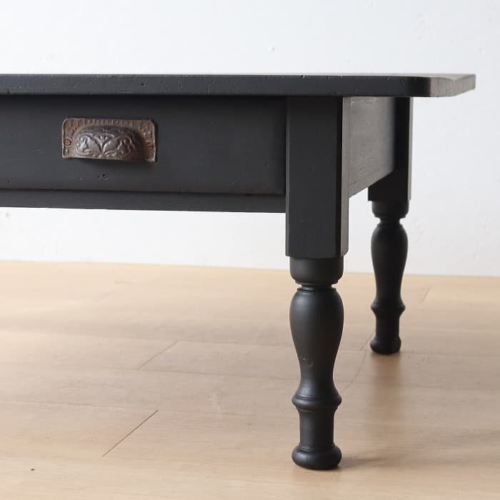 アンティーク ロクロ脚 引き出し付き ブラック 無垢材 文机 古家具 黒色