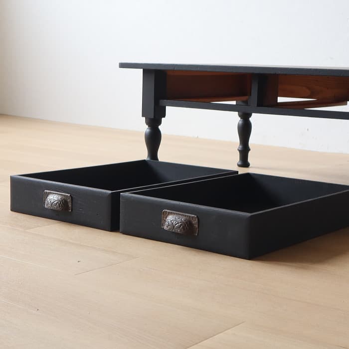 アンティーク ロクロ脚 引き出し付き ブラック 無垢材 文机 古家具 黒色