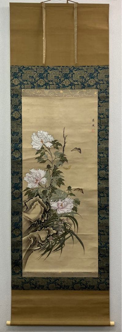 狩野芳崖【蝶・牡丹】紙本　掛軸　二重箱（河鍋暁斎・菊池容斎／狩野派）