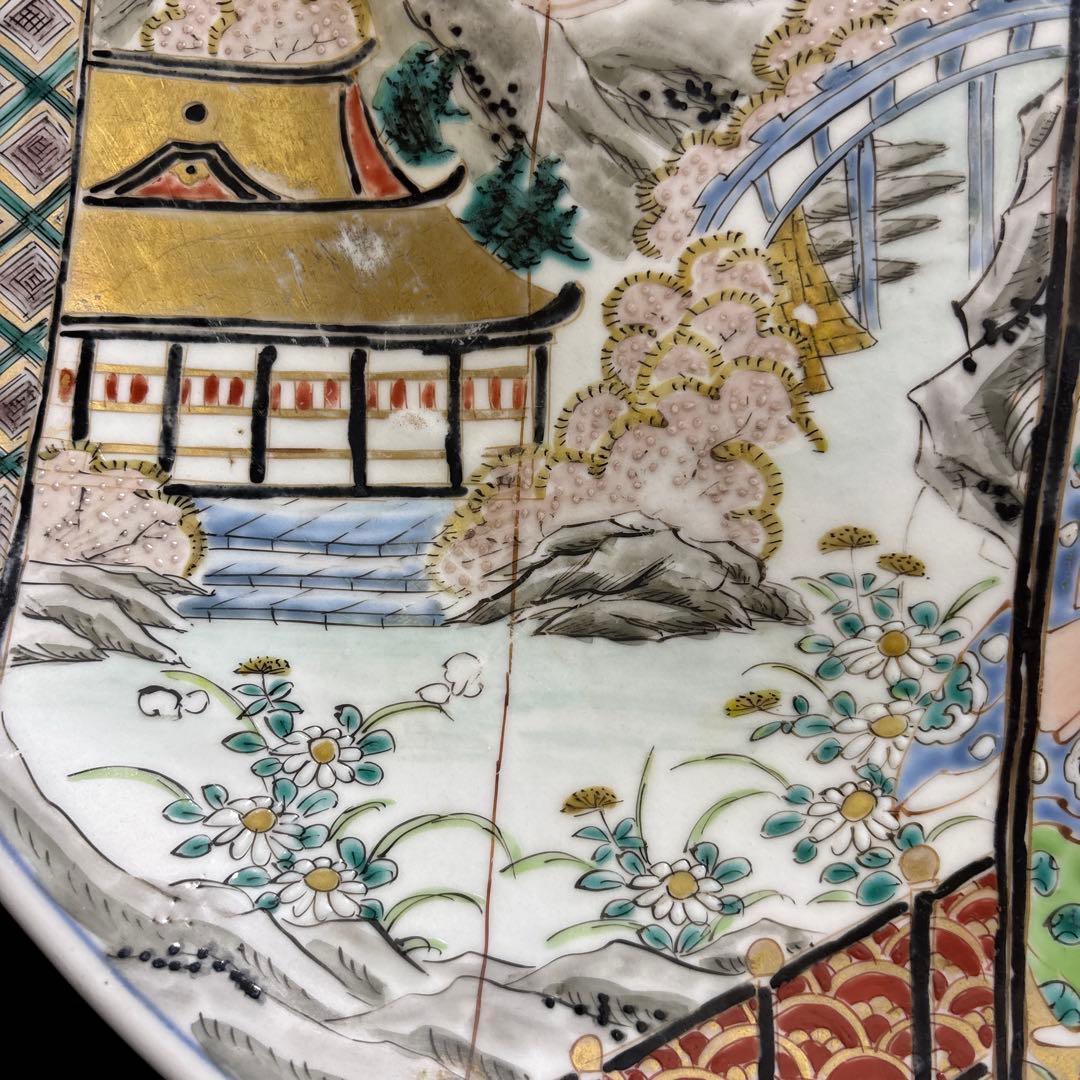 古伊万里 人物 骨董品 直径40センチ 大皿 色絵 人物馬山水図柄