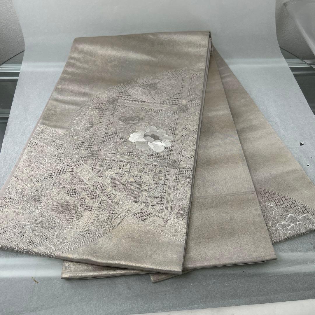 シルバー 花柄刺繍 六通袋帯1222