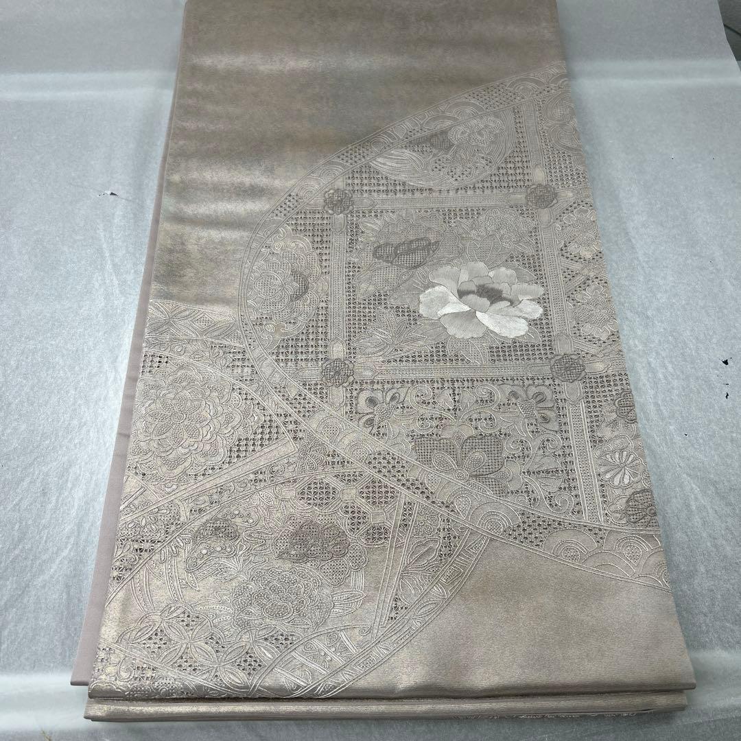 シルバー 花柄刺繍 六通袋帯1222