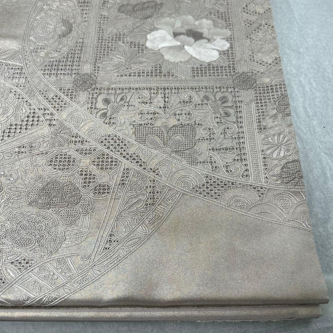 シルバー 花柄刺繍 六通袋帯1222