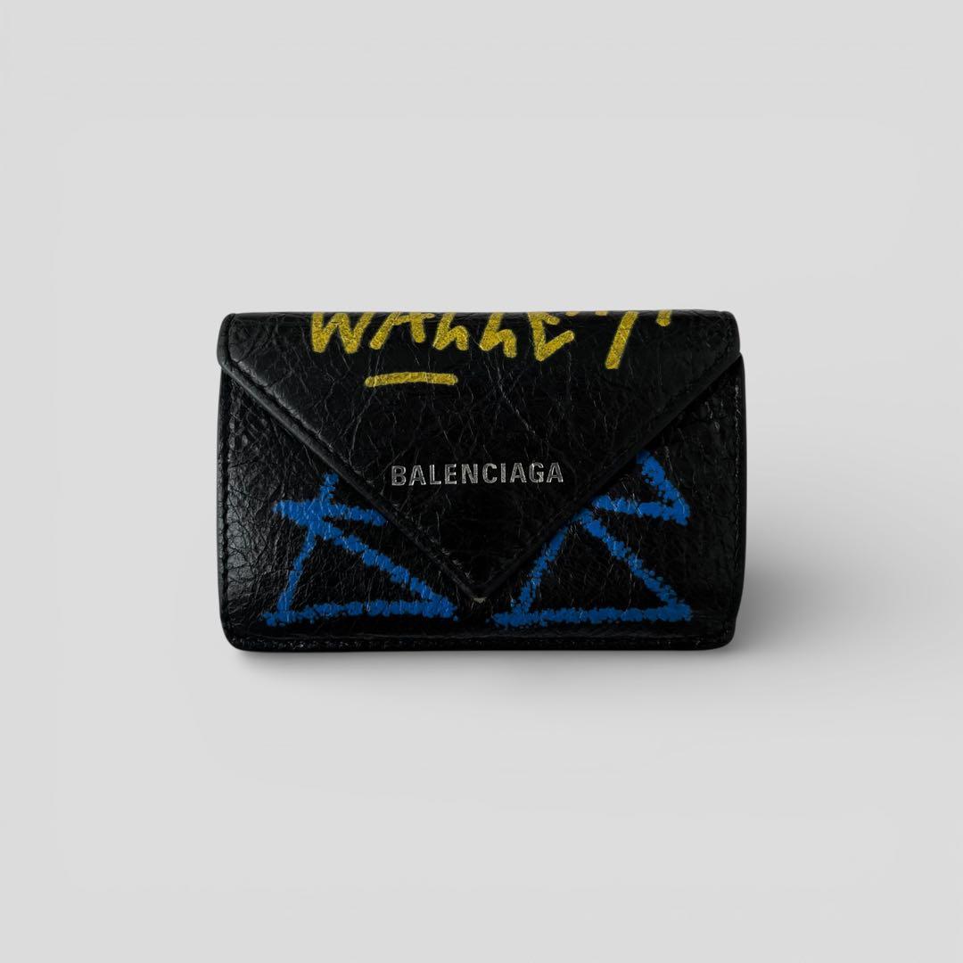 美品 バレンシアガ ペーパー ミニウォレット グラフィティ ブラック 財布