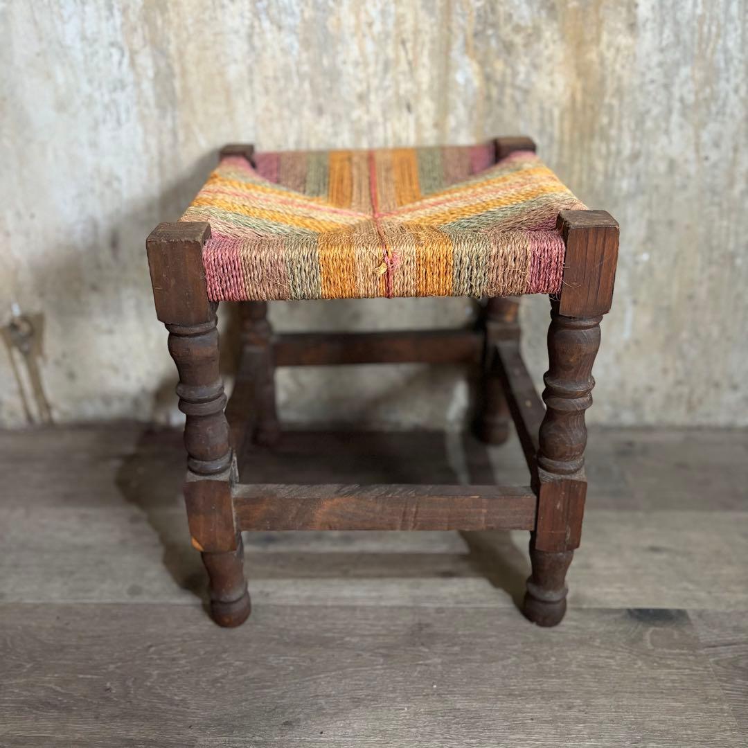 ヴィンテージ　ラッシュスツール　無垢材