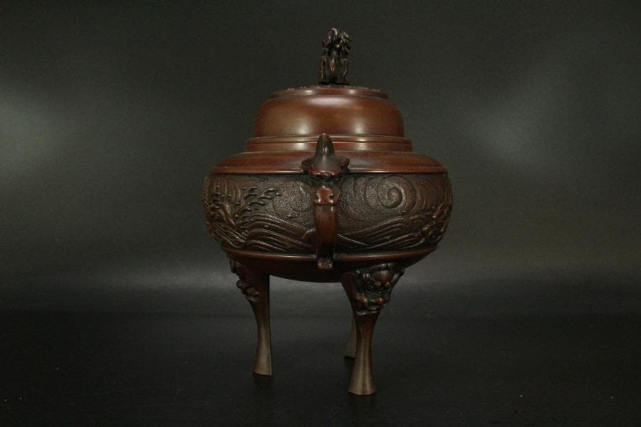 銅 獅子蓋 香炉 在銘 高22cm(LC535)