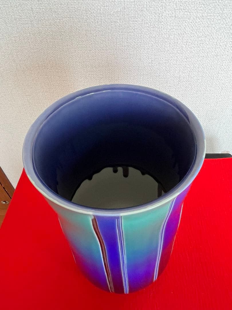 【極上品】人間国宝 徳田八十吉（正彦銘）彩釉 線文 花瓶 約26.5㎝ T248