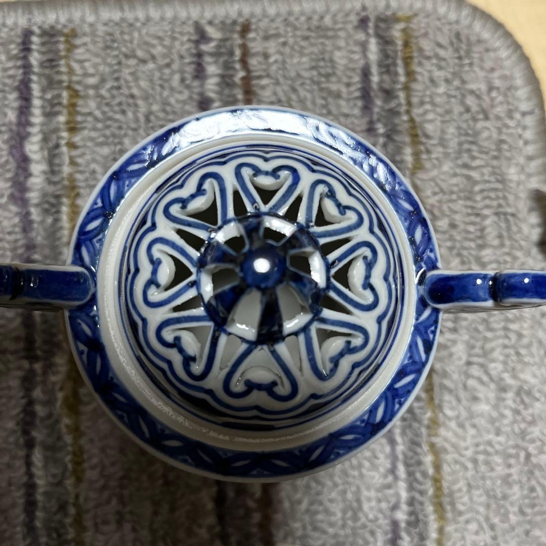 染付　耳付　香炉　七宝透かし　遊環　九谷焼 長峰 共箱　香櫨　骨董　陶芸