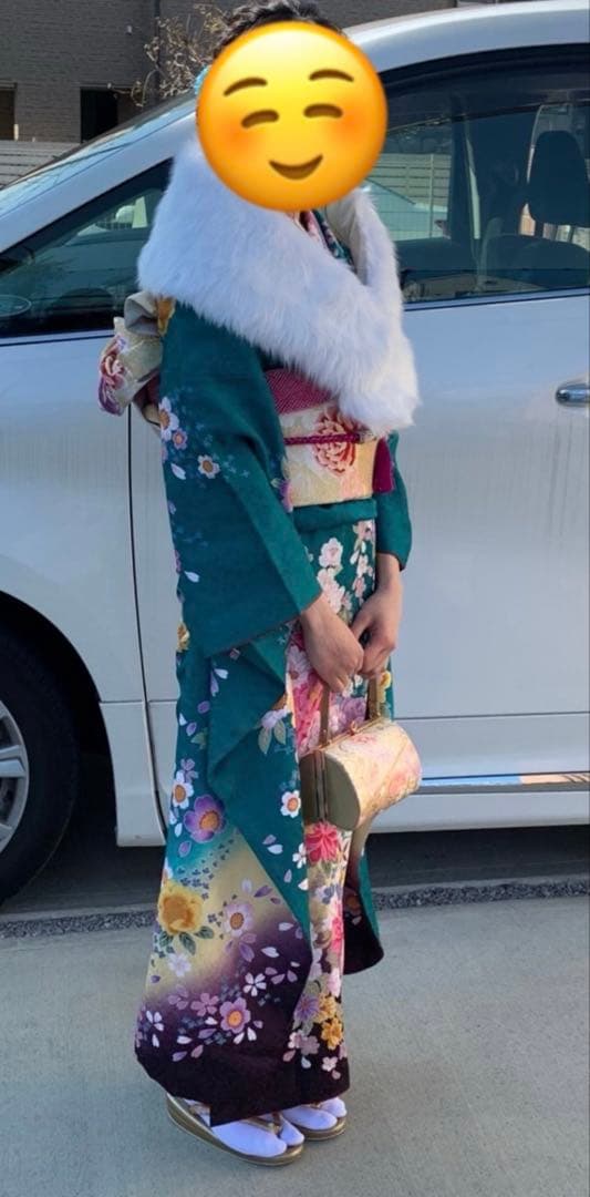 グリーン　ターコイズブルー 振袖　成人式　ショール　髪飾り　草履　バッグ一式