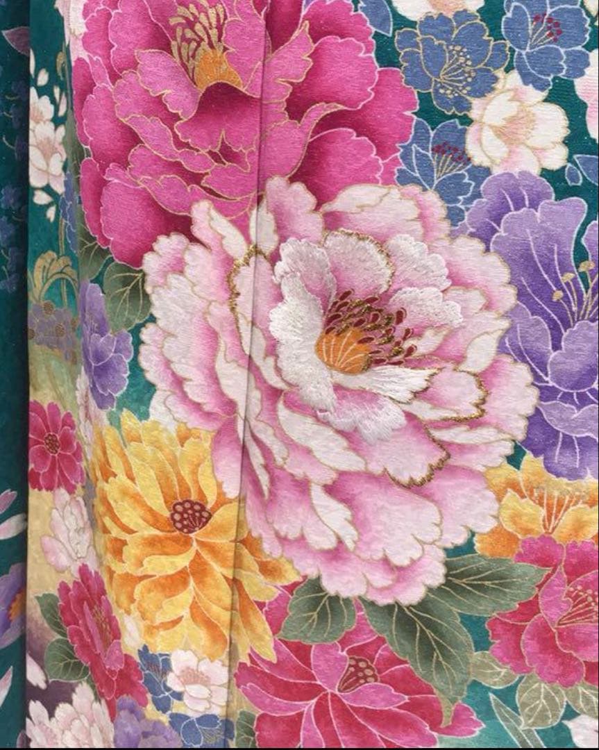 グリーン　ターコイズブルー 振袖　成人式　ショール　髪飾り　草履　バッグ一式