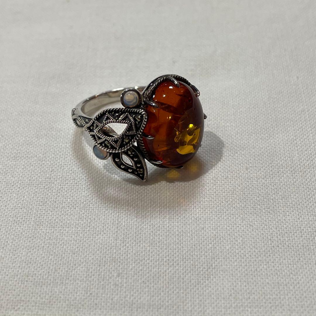 禄山 琥珀 & オパール アンバーリーフ シルバー リング