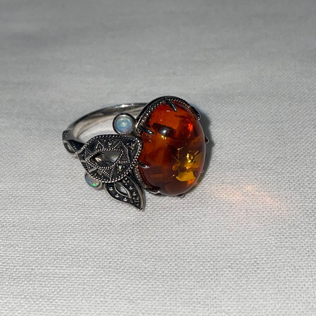禄山 琥珀 & オパール アンバーリーフ シルバー リング