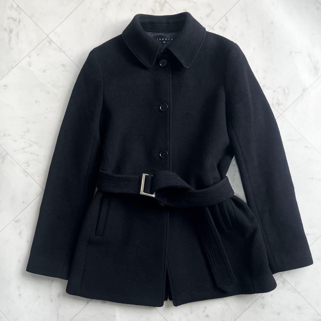 Theory セオリー カシミヤ ショート丈コート 黒 ベルト Aライン M