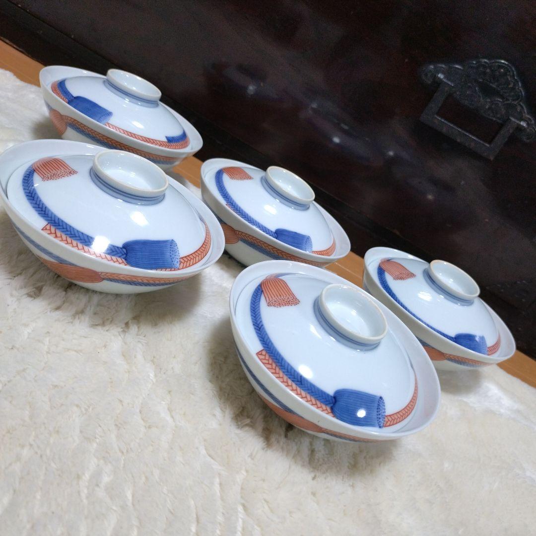 人間国宝　【13代今泉今右衛門】錦　紐(ひも)の絵　蓋付茶碗　5つ揃い