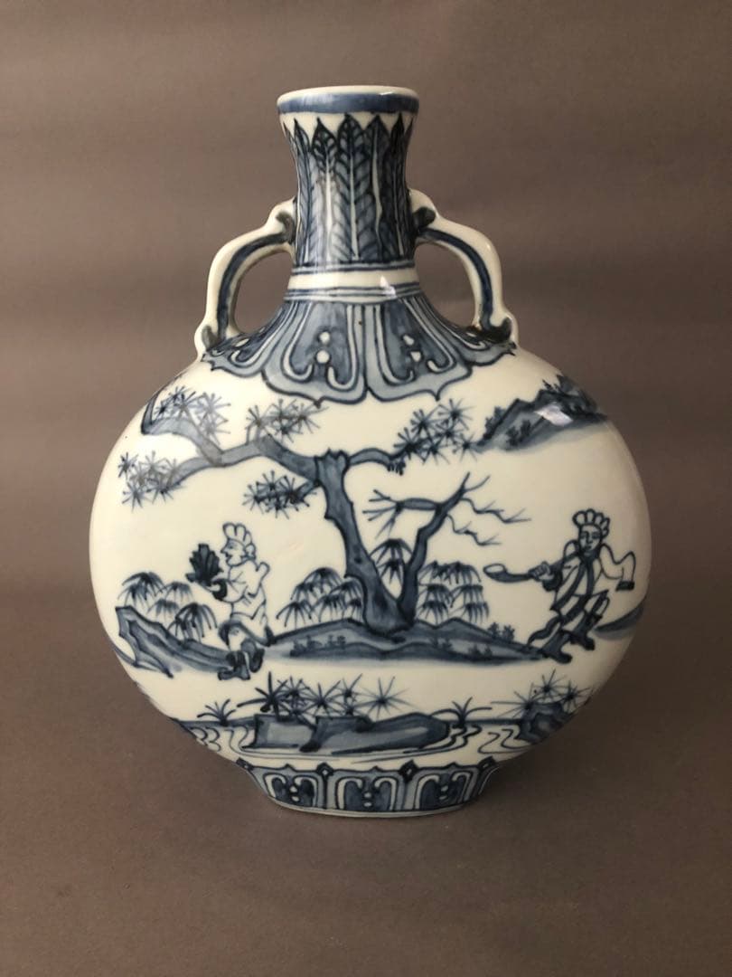 中国骨董古美術　染付 青花唐人景紋 扁壺 アンティーク